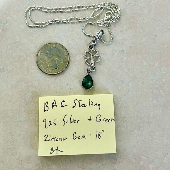 BAC Green Tear Drop Crystal & Shamrock  w/925 Silver Chain - Picture 6 of 8